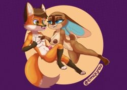anthro areola biped breasts canid canine dominant dominant_female duo emcy_you erection eye_contact female female_anthro fox genitals glans hi_res humanoid_genitalia humanoid_penis humanoid_pussy lagomorph leporid looking_at_another male male/female male_anthro mammal maroon_fur nipples nude orange_body penis predator/prey pussy rabbit touching_chest