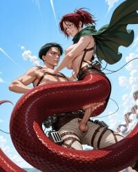 ai_generated attack_on_titan big_breasts breasts hange_zoe lamia levi_ackerman moondroch naked_female penetration red_tail scales shingeki_no_kyojin snake_tail