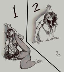 2024 2girls amphibian anthro anthro_only areola_slip barefoot cameltoe clothed clothed_female curly_hair doodle extinctyellow eyelashes feet_above_head female female_only freckles freckles_on_face furry giraffe huge_breasts leg_up long_neck long_tongue mammal mammal_humanoid monochrome multicolored_hair number simple_background watermark yoga yoga_pants yoga_pose