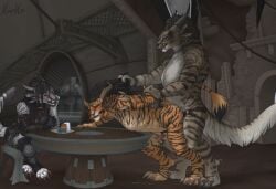 2024 anal anal_sex animal_genitalia animal_penis anthro anthro_on_anthro anthro_penetrated anthro_penetrating anthro_penetrating_anthro arm_pull armor ayda_(tellico) bent_over bent_over_table biped blush bodily_fluids charr clothed clothed_female clothing cum cum_while_penetrated detailed_background dominant dominant_female english_text felid feline_genitalia feline_penis female female_penetrating female_penetrating_male from_behind_position fur genital_fluids genitals group guild_wars hair hand_behind_back hi_res kiro kiro-kat male male/female male_penetrated mammal medieval nude nude_female nude_male object_in_ass pegging penetration penis pulling_hair reha_(kiro-kat) sex sex_toy sex_toy_in_ass sex_toy_insertion sex_toy_penetration signature standing_doggystyle strapon submissive submissive_male tail text touching_hair toying_partner trio