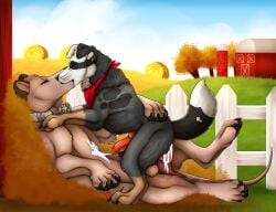 anal_orgasm animal_genitalia animal_penis balls barn black_claws black_pawpads bodily_fluids brown_balls brown_body brown_fur canid canine canine_genitalia canine_penis canis cheek_tuft claws closed_eyes cum cum_inside cum_on_penis cumshot dasyuromorph day domestic_dog duo ear_piercing ejaculation erection eyewear facial_tuft feral feral_on_feral feral_penetrated feral_penetrating feral_penetrating_feral floppy_ears fur genital_fluids genitals goggles goggles_around_neck green_eyes grey_body grey_fur hands-free hi_res kerchief killthe_demon kissing lying male male/male male_penetrated male_penetrating male_penetrating_male mammal marsupial mitus_(zangeeses) narrowed_eyes neck_tuft neckerchief neckwear obscured_penetration on_back orgasm outside pawpads penetration penis piercing pink_penis plant recently_extinct_species red_kerchief red_neckerchief sex side_view sky thylacine thylus tree tuft white_body white_fur