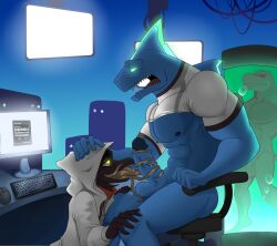 2016 5_fingers abs anthro anthro_on_anthro avian avian_demon background_character balls beak biceps biped bird blue_glans bodily_fluids bottomless bottomless_anthro bottomless_male bottomwear bottomwear_down chair claws clothed clothing colored colored_line_art computer computer_mouse corvid corvus_(genus) crow crow_demon dark_glans demon desktop detailed_background digital_drawing_(artwork) digital_media_(artwork) dorsal_fin electronics elfein elfein_(character) empty_eyes erection eyebrows fangs feet fin finger_claws fingers fish flaccid foreskin furniture genitals glans glowing glowing_eyes green_sclera hand_on_another's_head hand_on_head head_fin hood hood_up hoodie humanoid_feet humanoid_genitalia humanoid_hands humanoid_penis interspecies jewelry keyboard laboratory lizard long_tongue looking_pleasured machine male male/male marine monitor mostly_nude mostly_nude_anthro mostly_nude_male muscular muscular_anthro muscular_male nameless_character necklace nipples non-mammal_balls non-mammal_nipples nude nude_anthro nude_male office_chair on_chair open_mouth oral orgasm oscine pants pants_down partially_clothed passerine pecs penile penis plantigrade program raised_clothing raised_shirt raised_topwear red_clothing red_shirt red_topwear reptile retracted_foreskin saliva saliva_on_tongue scalie screen screen_glow sex shaded shark sharp_teeth shirt sitting sitting_on_chair size_difference smile stasis_tank table tail tailless tdxlabs teeth tentacle tentacle_sex tentacle_tongue tentaclejob thick_eyebrows todex_(character) tongue tongue_out tonguejob topwear topwear_only vein veiny_penis white_clothing white_hoodie white_shirt white_topwear wire yellow_eyes