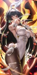 1girls 2d alternate_costume animal_ear_hairband animal_ears artist_name artist_signature astra_yao big_breasts black_hair bracelet brown_pantyhose earrings fake_animal_ears female female_only fire glint hair_intakes hairband highres holding holding_microphone jacket jewelry large_breasts leotard liang_xing long_hair looking_at_viewer microphone mole mole_under_eye outstretched_arm pantyhose playboy_bunny playboy_bunny_leotard pointing pointing_at_viewer rabbit_ear_hairband rabbit_ears rabbit_tail red_eyes signature skindentation solo tail thigh_strap thighs white_hairband white_leotard zenless_zone_zero