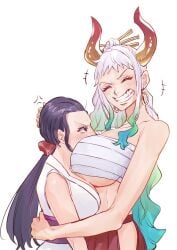 2girls annoyed bare_arms big_breasts black_hair blue_eyes blush breasts closed_eyes clothing curvy curvy_figure earrings face_between_breasts female female_focus female_only green_hair happy height_difference horns hug huge_breasts large_breasts light-skinned_female light_skin long_hair multiple_girls nico_robin one_piece sc_scandium simple_background smile standing tied_hair two_tone_hair white_background white_hair wide_smile yamato_(one_piece)