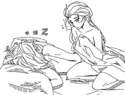 anna_(frozen) disney elsa_(frozen) female female_only frozen_(film) human in_bed incest monochrome multiple_females rough_sketch shocolad sisters yuri