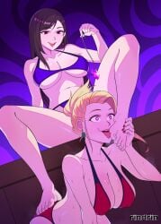 2girls bare_legs barefoot bikini bikini_bottom bikini_top black_hair blonde_hair breasts drool drooling erect_nipples feet female femdom femsub final_fantasy final_fantasy_vii foot_focus foot_lick foot_worship happy_trance hypnosis kneeling large_breasts legs licking mind_control nail_polish navel open_mouth pendulum pink_eyes red_eyes rind_rin00 scarlet_(ffvii) sitting smile spiral_background sweat tifa_lockhart tongue tongue_out yuri