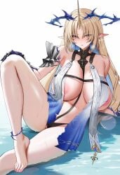 absurdres areola_slip armpit_crease ateoyh bare_shoulders barefoot black_dress blonde_hair blue_eyes blue_hair breast_curtains breasts commentary crown_of_thorns dress feet female fleurdelys_(wuthering_waves) hand_on_own_knee highres horns huge_breasts long_hair looking_at_viewer nipple_slip nipples paid_reward_available parted_bangs parted_lips pointy_ears shallow_water short_dress simple_background single_horn sitting solo tacet_mark_(wuthering_waves) thighs toes variant_set very_long_hair water wet white_background wuthering_waves yellow_horns