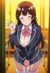 1girls after_sex after_vaginal ai_generated black_hair cum cum_dripping cum_on_breasts female long_hair nijisanji school_uniform schoolgirl smiling tsukino_mito virtual_youtuber