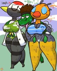 after_sex angry animal_crossing anthro avian big_breasts bird bodily_fluids breast_grab breasts carrying_another clothed clothing condom crocodile crocodilian curvy_figure erect_nipples exhausted female filled_condom gladys_(animal_crossing) group hand_on_breast heart_eyes heart_symbol hourglass_figure kiss_mark klutzatdusk male male/female marcodile_(character) nintendo nipples ostrich ratite reptile sandy_(animal_crossing) scalie sexual_barrier_device shirt skimpy sweat sweaty_legs tank_top thick_thighs topwear trio wide_hips