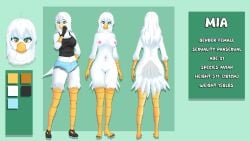 anthro avian beak bird bottomwear claws clothing crop_top feathers female fingerless_gloves fur gloves handwear hi_res hotpants kizuko04 mia_(kizuko) model_sheet nipples nude shirt shorts solo tail toe_claws topwear white_body white_fur