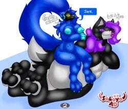 3_toes 4_fingers animal_humanoid anthro ass big_breasts big_butt big_feet blep blue_body blue_fur blue_hair breasts canid canine canis claws cybernetics cyborg dialogue duo feet female fingers fur hair hi_res hindpaw humanoid long_tail looking_at_another looking_back lying lying_on_ground machine mammal mammal_humanoid nat_(kingcreep105) nipples nude on_ground pawpads paws piercing protogen protogen_visor sitting sitting_on_another size_difference smug smug_face sokoyo_owo speech_bubble starry_(sokoyo_owo) tail text toes tongue tongue_out vore wet wet_body wolf yellow_eyes