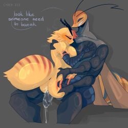 4_arms absurd_res after_sex antennae_(anatomy) arthropod arthropod_abdomen ass big_penis black_body blush bodily_fluids breasts closed_eyes cyber_d1e duo fan_character female fur genital_fluids genitals hi_res hymenopteran insects larger_male male male/female multi_arm multi_limb muscular muscular_male nude penis simple_background size_difference teeth text thick_thighs vaginal_fluids wet wet_penis yellow_body yellow_fur