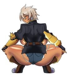 2d arc_system_works ass back big_ass big_breasts big_butt big_thighs blazblue blonde_hair breasts bullet_(blazblue) clothing female female_only hands_on_legs huge_ass jacket looking_back milf mr_foxy15 seductive seductive_look shorts squatting tanned tanned_skin teasing