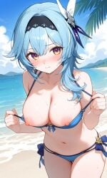 ai_generated bangs beach bikini blue_hair blush breasts breasts_out eula_(genshin_impact) genshin_impact hair_ornament long_hair nipples qiwangaiart standing swimsuit