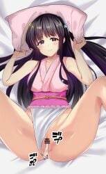 after_sex after_vaginal bar_censor black_hair blush breasts censored closed_mouth clothing_aside cum cum_in_pussy female frilled_leotard frills from_above highres hime_cut houraisan_kaguya kuretudenn leotard leotard_aside long_hair looking_at_viewer lying medium_breasts on_back pillow pink_eyes pink_leotard pussy smile spread_legs straight touhou touhou_tag_dream wrestling_outfit