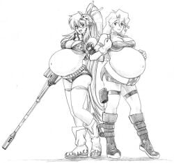 2girls big_belly female gun interlocked_arms kiyoh_bachika pregnant shadowpencil sketch_lines smile super_belly tagme tengen_toppa_gurren_lagann yoko_littner