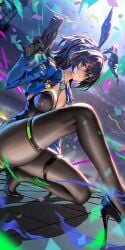 :/ adapted_costume animal_ear_hairband animal_ears black_footwear black_hair black_leotard black_pantyhose blue_jacket breasts checkered_necktie closed_mouth dutch_angle fake_animal_ears female gun hairband high_heels highres holding holding_gun holding_weapon jacket large_breasts leotard liang_xing looking_at_viewer metal_hairband multicolored_hair necktie on_one_knee pantyhose ponytail rabbit_ear_hairband rabbit_ears red_eyes red_hair solo strapless strapless_leotard streaked_hair weapon zenless_zone_zero zhu_yuan