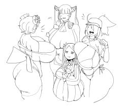 4girls :t abigail_williams_(fate/grand_order) ass bikini blush breast_size_difference breasts_bigger_than_head busty cleavage cross-crescent dress fate/grand_order fate_(series) female female_only hair_ornament hat height_difference horns huge_breasts katsushika_hokusai_(fate) kimono long_hair massive_breasts mysterious_heroine_xx_(foreigner) off_shoulder open_mouth parted_bangs short_hair sideboob smile surrounded_by_breasts swimsuit thick_thighs tied_hair top_heavy voluptuous wide_hips yang_guifei_(fate/grand_order)
