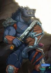 4_fingers anthro armor balls big_penis blizzard_entertainment bodily_fluids canid erection fingers fur genital_fluids genitals glowing glowing_eyes grin hi_res humanoid_genitalia humanoid_penis looking_at_viewer male mammal melee_weapon muscular muscular_male outside penis precum scar shield smile solo sword todex unconvincing_armor vein veiny_penis warcraft weapon werecanid werecreature worgen yellow_eyes