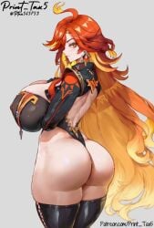 ai_generated ass ass_focus breasts female female_focus female_only genshin_impact girl hoyoverse huge_breasts huge_thighs large_ass large_breasts light-skinned_female light_skin looking_at_viewer looking_back mavuika_(genshin_impact) mihoyo multicolored_hair orange_hair patreon_username print_tax5 solo thick_thighs thighhighs thighs twitter_username wide_hips