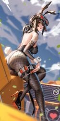 :d alternate_costume animal_ear_hairband animal_ears ass backless_leotard black_hair black_leotard blue_sky breasts cloud day fake_animal_ears female fishnet_pantyhose fishnets foot_out_of_frame goggles goggles_on_head grace_howard hairband high_heels highres holding holding_screwdriver holster large_breasts leotard liang_xing long_hair low_ponytail open_mouth outdoors pantyhose playboy_bunny ponytail rabbit_ear_hairband rabbit_ears rabbit_tail red_eyes screwdriver shoulder_tattoo sky smile solo tail tattoo thigh_holster zenless_zone_zero