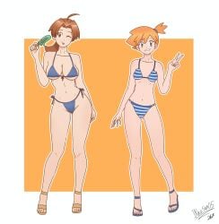 2girls bangs bare_legs bare_shoulders bikini blue_bikini blue_swimsuit blush breasts brown_hair cleavage collarbone delia_ketchum_(pokemon) feet female female_only green_eyes hair_between_eyes holding huge_breasts ice_cream kasumi_(pokemon) large_breasts legs long_hair looking_at_viewer misty_(pokemon) navel neo_san one_eye_closed open-mouth_smile open_mouth orange_hair outdoors pokemon pokemon_(anime) pokemon_(classic_anime) ponytail sandals sandav shirt short_hair side_ponytail sky smile solo standing striped_clothes swimsuit thighs wink