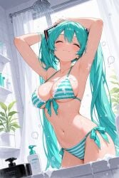 1girls ai_generated bikini female hatsune_miku solo striped striped_panties vocaloid wet