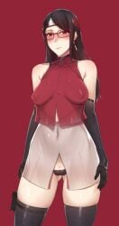 1girls aged_up areolae armwear ass ass_visible_through_thighs bare_shoulders bare_thighs belly_button bimbo black_gloves black_hair black_legwear black_panties black_thighhighs black_underwear blush boruto:_naruto_next_generations breasts butt cameltoe choker clothed clothing crop_top ear_piercing earrings elbow_gloves erect_nipples erect_nipples_under_clothes female female_focus female_only forehead_protector headband hi_res high_resolution highres jacket jewelry kairos+ large_areolae legwear light-skinned_female light_skin lips lipstick long_gloves long_hair looking_at_viewer makeup medium_breasts miniskirt naruto naruto_(series) nipple_bulge nose_blush pale-skinned_female pale_skin panties perky_breasts pink_lips pink_lipstick pinup pose posing red_eyes sarada_uchiha sharingan shonen_jump short_skirt shounen_jump shueisha skimpy skimpy_clothes skirt sleeveless_shirt solo solo_female solo_focus standing sweat sweatdrop sweating teen teen_girl teenage_girl teenager thighhighs thighs tight_clothing tramp_stamp uchiha_sarada underwear very_high_resolution weekly_shonen_jump weekly_shounen_jump