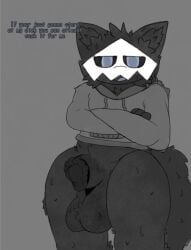 animal_genitalia animal_penis anthro ass balls big_balls big_butt big_penis bone bottomless canid changed_(video_game) clothed clothing crossed_arms dialogue equine_genitalia equine_penis genitals goo_creature hi_res hoodie hoodie_only lin_(changed) looking_at_viewer male male_focus male_only mammal mask penis sheath shotaro080809 skull skull_mask solo solo_focus topwear topwear_only wet