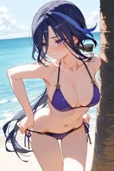 1girls 2d 2d_(artwork) ai ai_generated alternate_costume artist_request beach bikini bikini_bottom bikini_top blush bra clorinde_(genshin_impact) clouds day female female_focus female_only front_view genshin_impact light-skinned_female light_skin long_hair looking_back ocean outdoors palm_tree purple_bikini purple_bikini_bottom purple_bikini_top purple_eyes purple_hair purple_swimsuit sand sky slim_girl solo solo_female solo_focus standing summer swimsuit thong thong_bikini tree two_piece_swimsuit water young younger_female