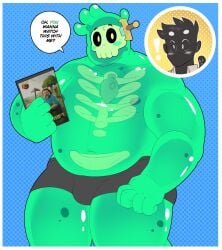 2boys a_minecraft_movie belly belly_button big_belly blush boxers bubbles bulge chubby chubby_male dark_body dom_doggo doug_(monster_prom) doug_campbell green_body heart image_bubble jack_black male male/male male_focus male_only minecraft monster_prom moobs movie_poster nipples offscreen_character oz_(monster_prom) reaction_bubble rib_cage ribs skull slime slime_boy slime_monster standing steve_(minecraft) text thick_legs thick_thighs topless translucent translucent_body underwear
