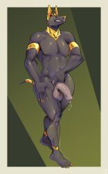 anthro anubian_jackal balls bodily_fluids canid canine canis claws digital_drawing_(artwork) digital_media_(artwork) finger_claws foreskin genital_fluids genitals glans hi_res humanoid_genitalia humanoid_penis jackal male mammal navel nipples penis precum solo standing tail toe_claws twistedteeth