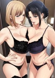 2girls armpits asymmetrical_docking bare_shoulders bedroom black_bra black_eyes black_hair black_panties black_thighhighs blonde_hair blue_eyes blush bra braid breast_press breasts cleavage collarbone cowboy_shot earrings female fingernails hair_bun hand_on_own_hip huge_breasts indoors jewelry lace lace-trimmed_bra lace_trim large_breasts lingerie lips looking_at_viewer mature_female mole mole_under_mouth multiple_girls nail_polish navel nina_hong_(xter) nush_(xter) panties parted_bangs parted_lips pink_nails purple_bra purple_panties short_hair sidelocks signature single_hair_bun smile standing stomach symmetrical_docking thighhighs thighs underwear underwear_only xter