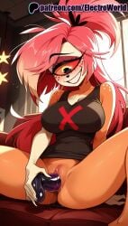 1girls 2025 ai_generated artist_name bare_shoulders blush bottomless breasts breasts breasts bust cherri_bomb cherri_bomb_(hazbin_hotel) chest clitoral_hood dildo electroworld english_text exposed_pussy eyepatch female grin hazbin_hotel hi_res high_quality high_resolution highres juicy_pussy legs_apart legs_spread long_hair object_insertion open_legs patreon patreon_username pink_hair pussy pussy_juice sex_toy sharp_teeth smile solo splayed_legs spread_legs stable_diffusion tank_top teeth tight_pussy uncensored vagina vaginal_penetration watermark