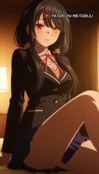 ai_generated arm_support black_hair black_jacket blazer blue_skirt blush breasts buttons clock_eyes closed_mouth collared_shirt date_a_live dress_shirt female heterochromia indoors jacket knee_up lamp long_hair long_sleeves looking_at_viewer low_twintails medium_breasts meitabuu miniskirt neck_ribbon on_bed pleated_skirt red_eyes red_ribbon ribbon school_uniform shirt sitting skirt solo symbol-shaped_pupils thighs tokisaki_kurumi twintails white_shirt yellow_eyes