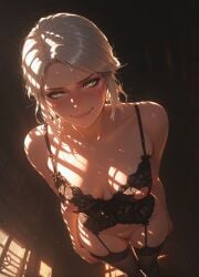 ai_generated black_lingerie breasts cd_projekt_red ciri female garter_belt garter_straps green_eyes light-skinned_female lingerie looking_at_viewer mascara nipples pubic_hair pussy scar smiling solo solo_female stockings the_witcher_(series) the_witcher_3:_wild_hunt white_hair