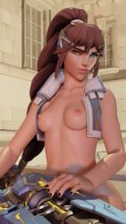breasts brown_hair captain_lacroix female jacket lapis_lazuli002 mirrorwatch overwatch overwatch_2 pink_lips widowmaker