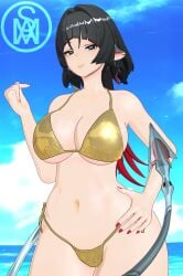 1girls 3d bikini bikini_bottom bikini_top black_hair female female_focus female_only golden_bikini heart_fingers jane_doe_(zenless_zone_zero) looking_at_viewer middlemansfm red_nails solo solo_female solo_focus tail vein veins veins_on_breasts veiny_breasts zenless_zone_zero
