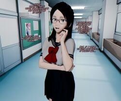 1girls 3d black_hair blue_eyes caption dialogue female glasses hallway looking_at_viewer oc original original_character original_characters sailor_uniform school school_uniform schoolgirl schoolgirl_uniform serafuku sic_phuck skirt smile smiling smiling_at_viewer solo_female talking talking_to_viewer