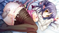 3-nin_iru! bed bell blush breasts censored female game_cg nakase_nagisa nipples open_mouth pantyhose penis pillow purple_hair pussy suzui_narumi tied_hair twintails yellow_eyes