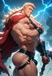 abs ai_generated bara biceps big_ass big_butt big_chest big_muscles blonde_hair blonde_hair cape electricity hammer hand_on_chest handsome harness jockstrap lightning male male_focus male_only marvel marvel_cinematic_universe marvel_comics masculine muscles muscular muscular_male obliques pec_grab pecs pectorals solo solo_male superhero thor:_love_and_thunder thor_(marvel) yaoi