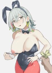 1girls breasts bunny_ears bunnysuit diabellstar_the_black_witch duel_monster earrings female hi_res huriten_reach nipples pale_skin short_hair silver_hair solo white_background yu-gi-oh!