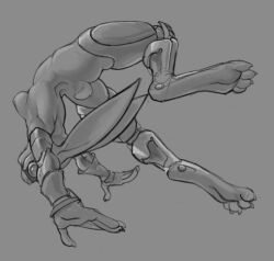 anthro cybernetics cyborg female lagomorph leporid machine mammal monochrome mootsider pose rabbit solo