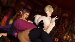 2girls 3d alternate_breast_size amicea blonde_hair bunnysuit choker cleavage elezen elf elf_ears female grey_eyes huge_breasts massive_breasts orange_eyes pale_skin peace_sign purple_hair self_upload shale_(ffxiv) skindentation tan_body thick_thighs thighhighs