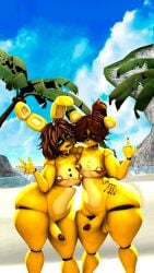 3d absurd_res animatronic anthro areola areola_slip balls beach beach_background bear bedroom_eyes black_choker black_jewelry black_nails black_necklace blue_eyes blue_sky bottomless bottomless_anthro bottomless_male bra bra_only bulge choker clothed clothing coconut colored_nails crossdressing dark_areola dark_glans darkened_glans day digital_media_(artwork) drupe_(fruit) duo erection femboy five_nights_at_freddy's food fredbear_(fnaf) frown fruit genitals gesture glans gold_bra golden_week green_eyes hair hand_gesture hand_on_another's_hip hand_on_hip hi_res humanoid_genitalia humanoid_penis jewelry lagomorph leporid looking_at_viewer machine male male/male mammal middle_finger nails narrowed_eyes necklace open_mouth open_smile palm_tree penis plant ponytail rabbit robot robot_anthro rock scottgames sea seductive short_hair sky smile smiling_at_viewer source_filmmaker_(artwork) spring_bonnie_(fnaf) thick_thighs tied_hair tree underwear underwear_only v_sign water watermark wide_hips zelyonka
