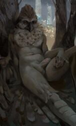 accipitrid accipitriform anthro avian axxxel balls beak bird bodily_fluids brown_body brown_feathers city city_background detailed_background feathered_wings feathers foreskin genital_fluids genitals hi_res humanoid_genitalia humanoid_penis male nude_anthro nude_male penis plant precum precum_string relaxing solo tan_body tan_feathers tree uncircumcised wings
