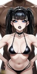 ai_generated bangs black_eyeshadow black_hair black_lipstick black_nails blue_eyes choker dark-skinned_male dreadlocks drooling goth goth_girl gothic gothic_girl looking_at_viewer male male_behind_female medium_breasts pleasure_face pleasured pleasured_female saliva salivating thong