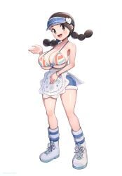 absurdres adapted_costume apron bare_shoulders bikini black_hair blue_shorts blush boots braid breasts brown_eyes brown_hair candice_(palentine's_2024)_(pokemon) candice_(pokemon) cleavage collarbone eyelashes female full_body gonzarez highres large_breasts long_hair looking_at_viewer nintendo official_alternate_costume open_mouth pokemon pokemon_masters_ex shorts simple_background smile socks solo striped_bikini striped_clothes swimsuit tags teeth twin_braids upper_teeth_only visor_cap waist_apron white_apron white_background white_boots