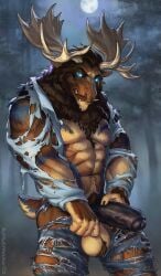 abs anthro antlers balls blue_eyes clothing deer diffuse_moose fur genitals hi_res horn male mammal moose new_world_deer pecs penis rosemary02 scut_tail short_tail solo tail torn_clothing vein veiny_penis