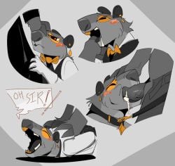 anthro beaver blush bovid bovine bow_tie cattle clothing coat collar dandy_(railroad_rabbit) duo ear_piercing ear_ring finger_in_mouth fingers hi_res hooved_fingers hooves leash makeup male male/male mammal piercing railroad_rabbit ring_piercing rodent speech_bubble starry_eyes tom_(railroad_rabbit) topwear unbuttoned_pants vest
